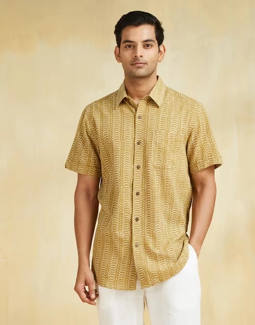 Beige Cotton Dabu Printed Shirt