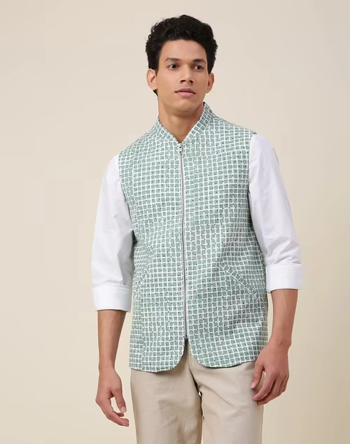Green Cotton Printed Slim Fit Vest Jacket