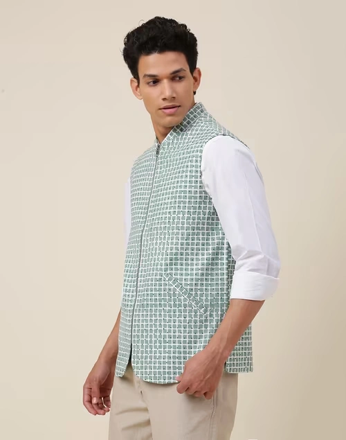 Green Cotton Printed Slim Fit Vest Jacket