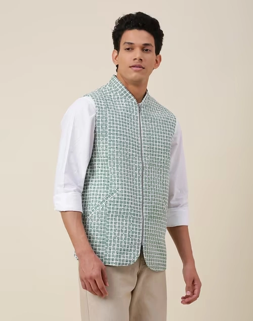 Green Cotton Printed Slim Fit Vest Jacket 3 Green Cotton Printed Slim Fit Vest Jacket