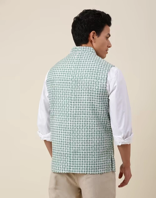 Green Cotton Printed Slim Fit Vest Jacket 4 Green Cotton Printed Slim Fit Vest Jacket