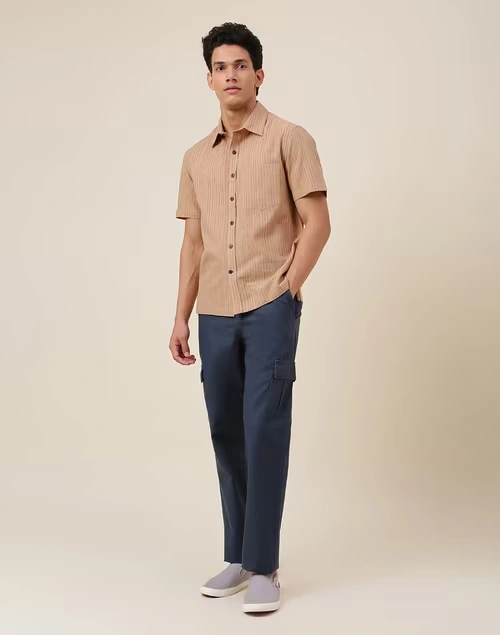 Navy Cotton Straight Fit Cargo Pants