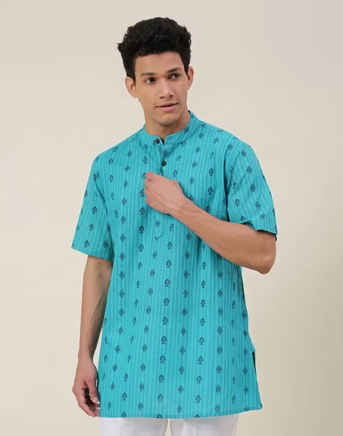 Blue Cotton Printed Short Kurta