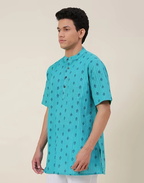 Blue Cotton Printed Short Kurta