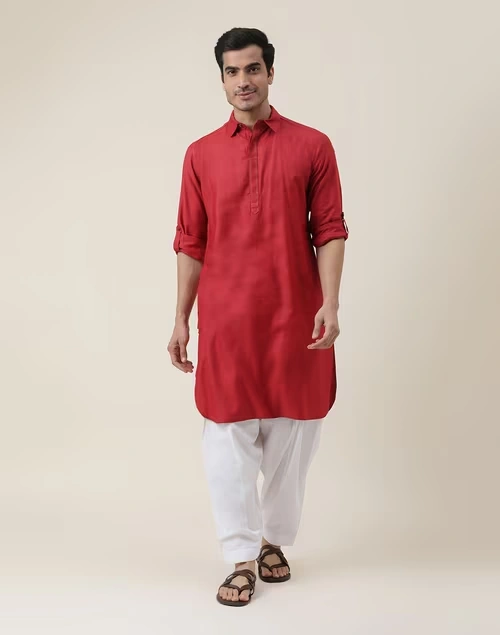 Red Viscose Silk Regular Fit Pathani Kurta