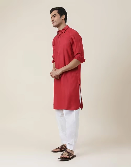 Red Viscose Silk Regular Fit Pathani Kurta