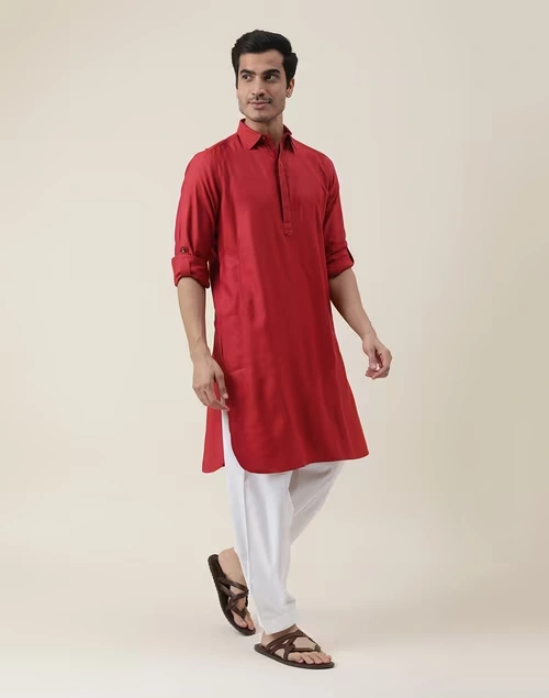 Red Viscose Silk Regular Fit Pathani Kurta