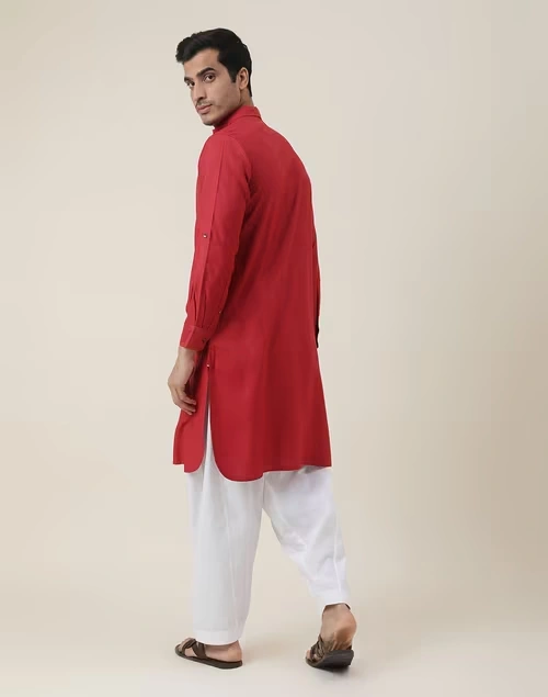 Red Viscose Silk Regular Fit Pathani Kurta