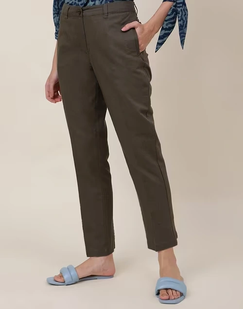 Green Linen Blend Slim Fit Formal Pant