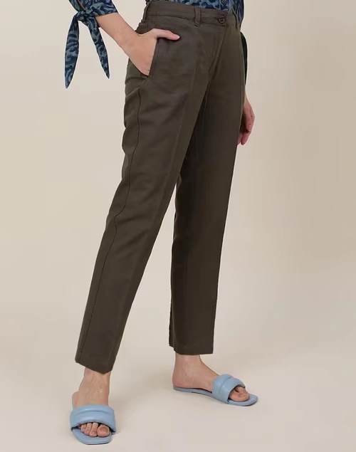 Green Linen Blend Slim Fit Formal Pant