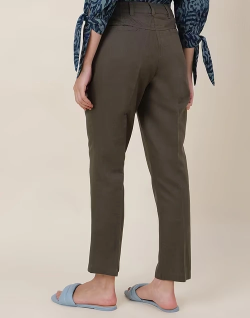 Green Linen Blend Slim Fit Formal Pant