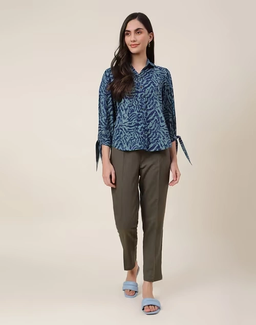 Green Linen Blend Slim Fit Formal Pant