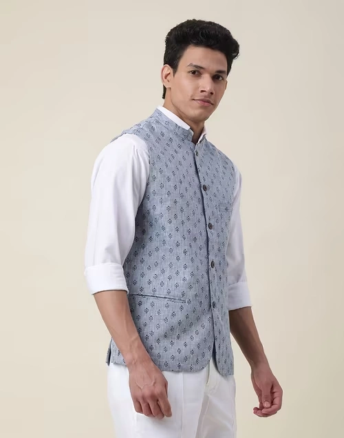 Blue Linen Printed Slim Fit Vest Jacket
