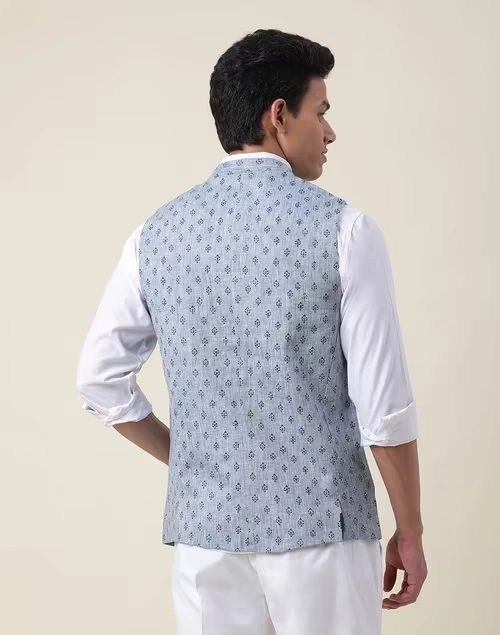 Blue Linen Printed Slim Fit Vest Jacket