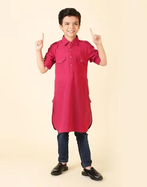 Wine Cotton Regular Collar Pathani