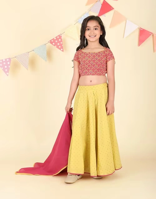 Yellow Cotton Hand Block Printed 3pc Lehenga Set