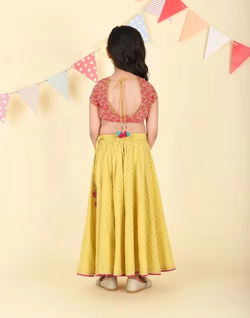 Yellow Cotton Hand Block Printed 3pc Lehenga Set