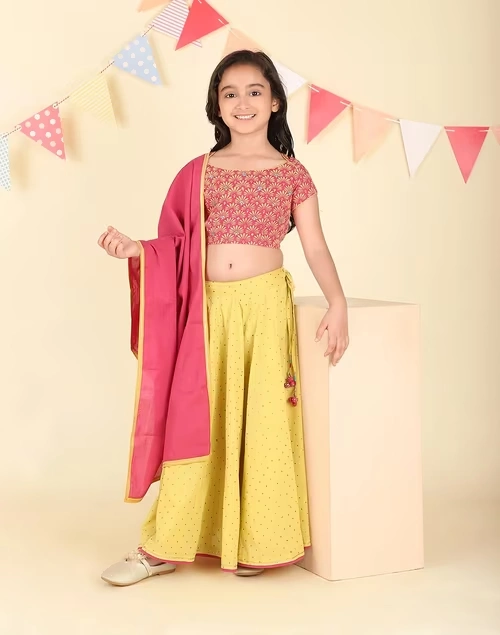 Yellow Cotton Hand Block Printed 3pc Lehenga Set