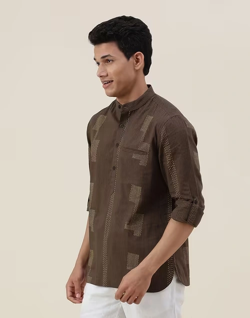 Brown Cotton Printed Slim Fit Mid Placket Shirt