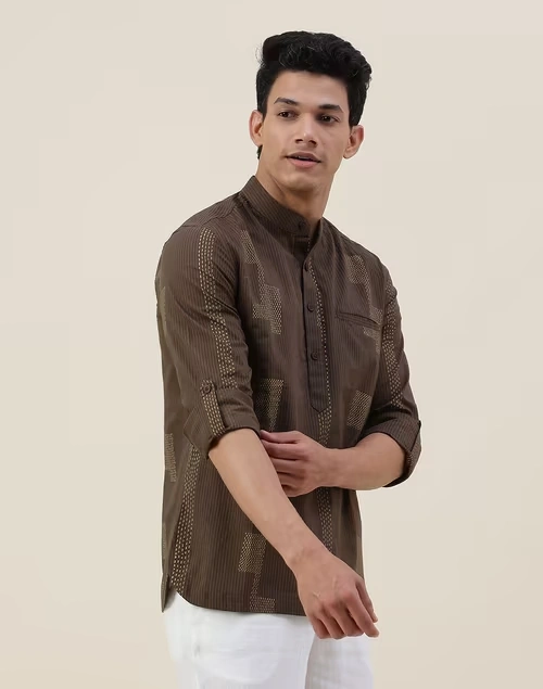 Brown Cotton Printed Slim Fit Mid Placket Shirt