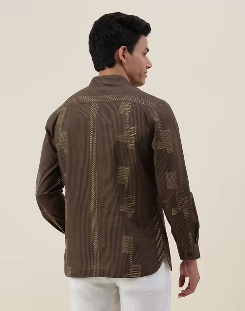 Brown Cotton Printed Slim Fit Mid Placket Shirt