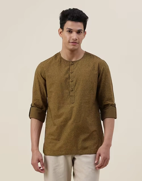 Brown Cotton Printed Slim Fit Mid Placket Shirt
