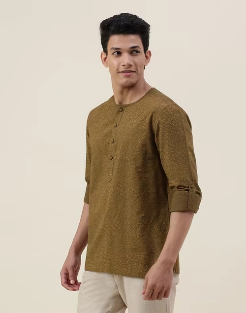 Brown Cotton Printed Slim Fit Mid Placket Shirt