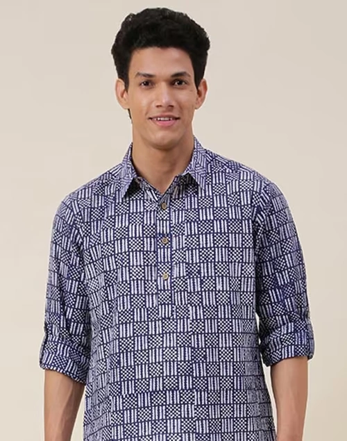 Blue Cotton Hand Block Printed Pathani Kurta