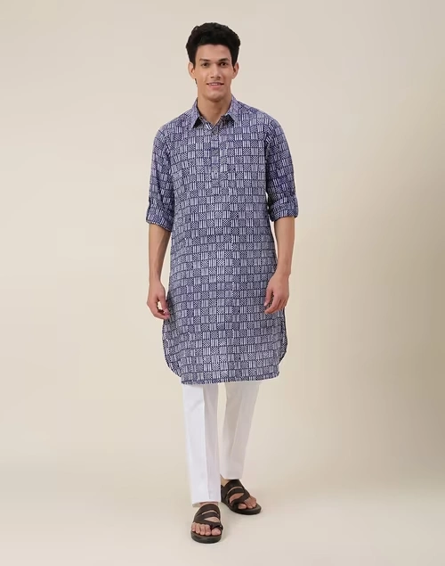 Blue Cotton Hand Block Printed Pathani Kurta