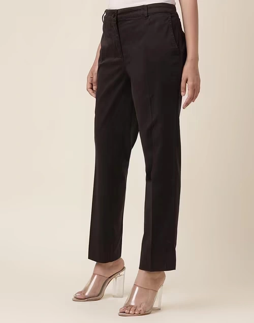 Brown Cotton Blend Ankle Length Formal Pant