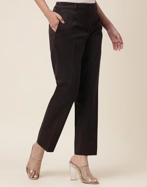 Brown Cotton Blend Ankle Length Formal Pant