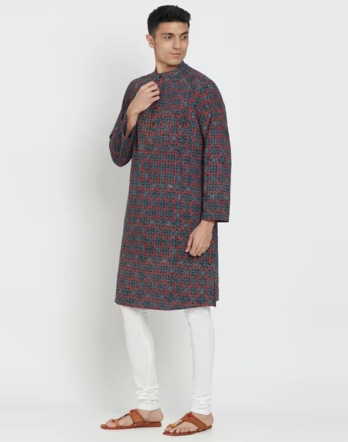 Indigo Cotton Printed Long Kurta