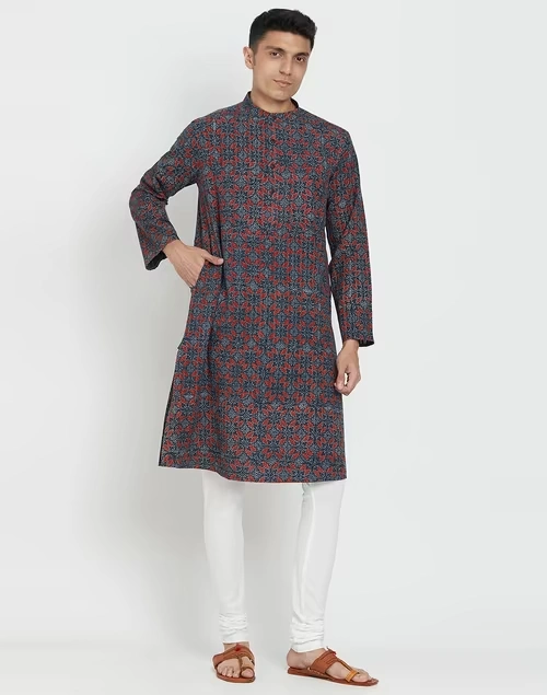 Indigo Cotton Printed Long Kurta 4 Indigo Cotton Printed Long Kurta