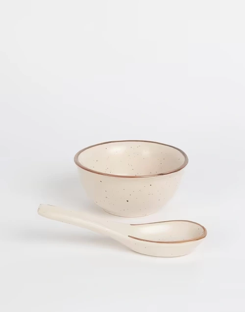Natural Kadir Ceramic Soup Bowl With Spoon
