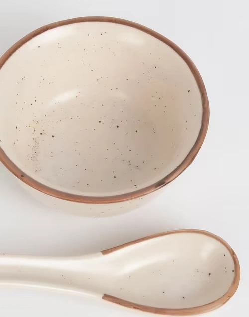 Natural Kadir Ceramic Soup Bowl With Spoon 3 Natural Kadir Ceramic Soup Bowl With Spoon