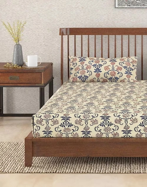 Beige Mehulika Cotton Printed Single Bed Sheet With 1 Pillow Cover