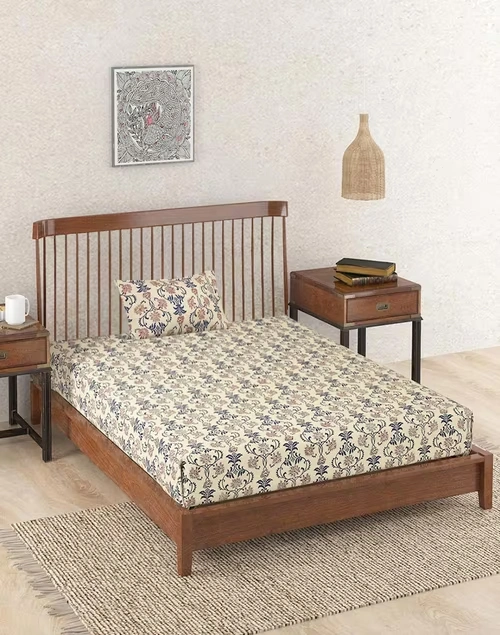 Beige Mehulika Cotton Printed Single Bed Sheet With 1 Pillow Cover