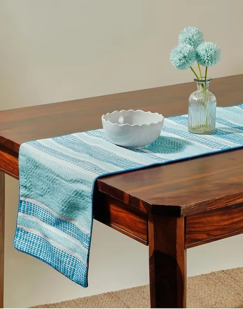 Blue Tarini Polyester Blend Embroidered Runner