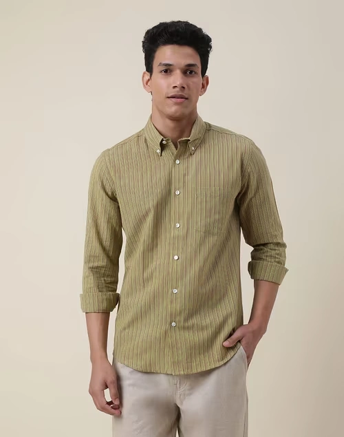 Green Cotton Striped Slim Fit Shirt