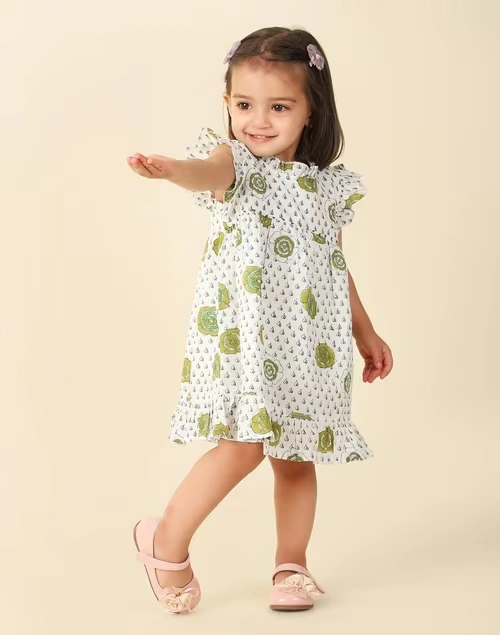 Green Cotton Printed Dress