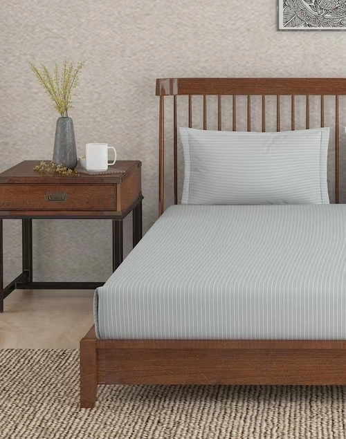 Grey Cotton Nile Stripe Single Bed Sheet With 1 Pillow Cover