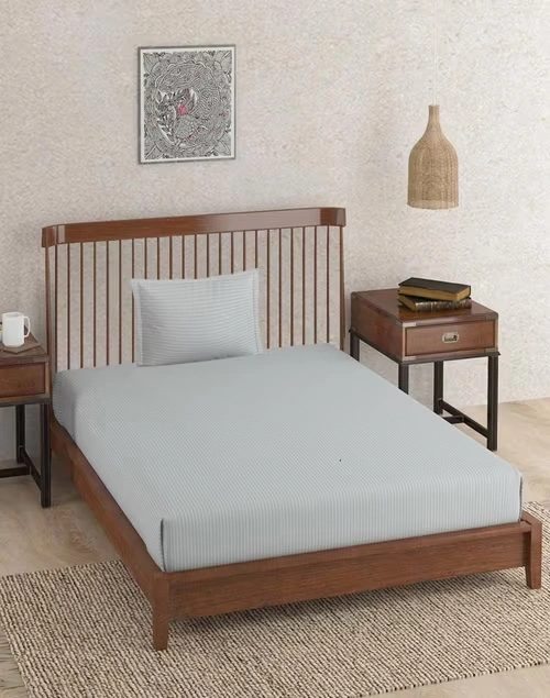Grey Cotton Nile Stripe Single Bed Sheet With 1 Pillow Cover