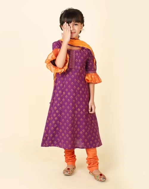 Purple Cotton Silk Blend Printed 3Pc Salwar Set