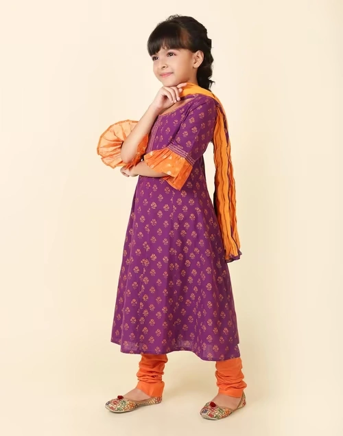Purple Cotton Silk Blend Printed 3Pc Salwar Set 3 Purple Cotton Silk Blend Printed 3Pc Salwar Set