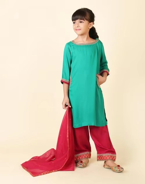 Green Viscose Blend Embroidered 3Pc Palazzo Set