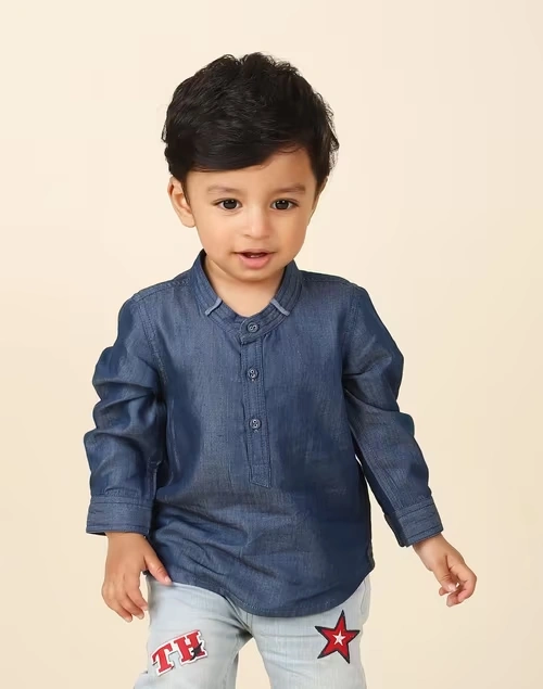 Blue Cotton Blend Straight Short Kurta