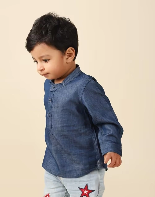 Blue Cotton Blend Straight Short Kurta