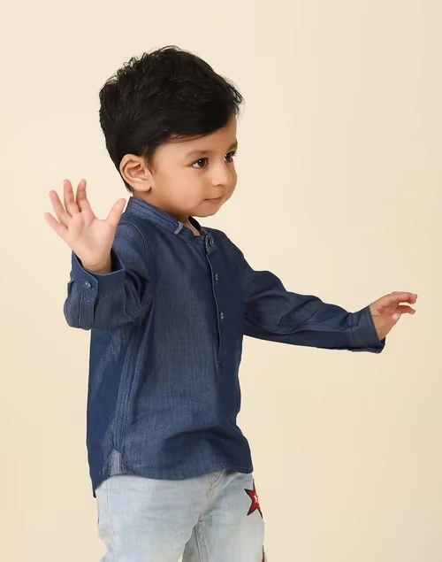 Blue Cotton Blend Straight Short Kurta