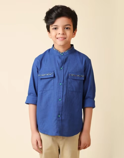 Blue Cotton Chinese Collar Shirt