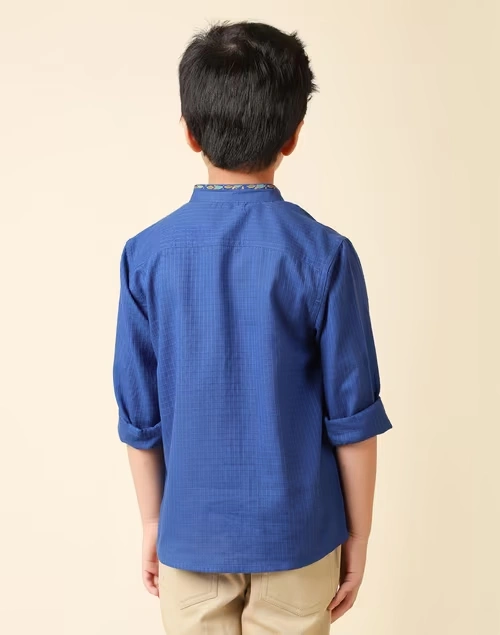 Blue Cotton Chinese Collar Shirt